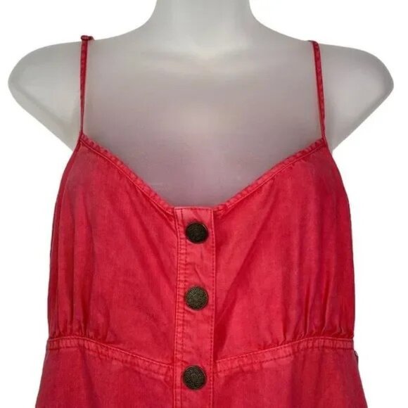 NWT FREE PEOPLE RED PINK BUTTON DOWN OPEN BACK CHAMBRAY MAXI DRESS SMALL - Picture 7 of 13